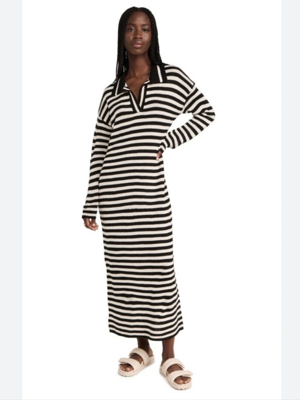 525 America Black and Cream Striped Knit Polo Sweater Dress